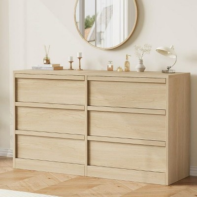 Modern 6-Drawer Wood Dresser, Double Drawer Storage Chest for Bedroom, Living Room & Nursery, Black and Natural
