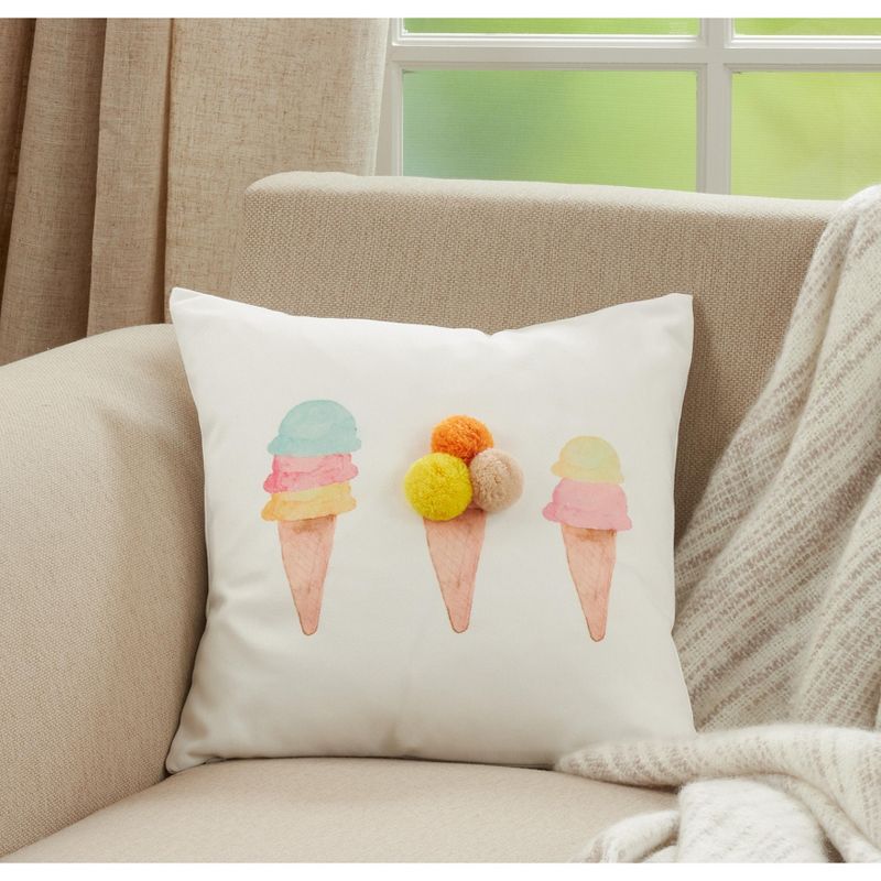 Saro Lifestyle Ice Cream Cone Pom Pom Pillow - Poly Filled, 16" Square, Multi, 4 of 5