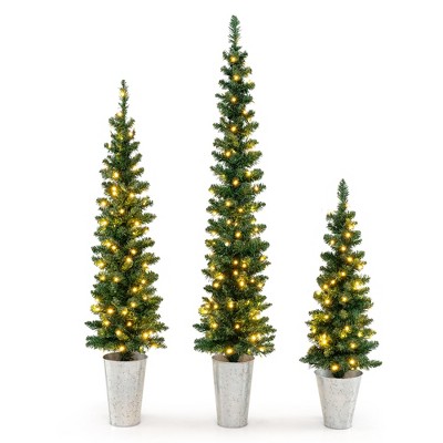 Tangkula Set of 3 Pre-lit Christmas Trees 3’ + 4’ + 5’ Artificial Slim Xmas Tree with 50 + 80 + 100 Warm White LED Lights 8 Lighting Modes Auto Timer