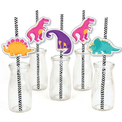 Big Dot of Happiness Roar Dinosaur Girl - Paper Straw Decor - Dino Mite T-Rex Baby Shower or Birthday Party Striped Decorative Straws - Set of 24