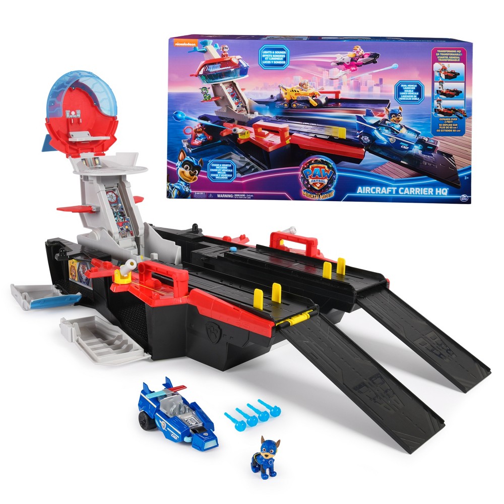 Paw Patrol- The Mighty Movie, Aircraft Carrier Hq, with Chase Action Figure and Mighty Pups Cruiser, Kids Toys for Boys Girls 3 Plus
