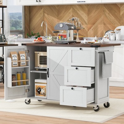 Grungis 54.5" Kitchen Island Cart with Drop Leaf & Storage Rack,Kitchen Island on Wheels with Power Outlet & 3 Drawers,Island Table for Kitchen