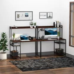 HOMCOM 94.5in Industrial Double Computer Desk with Hutch and Storage Shelves Extra Long Home Office Writing Table 2 Person Workstation CPU Stand