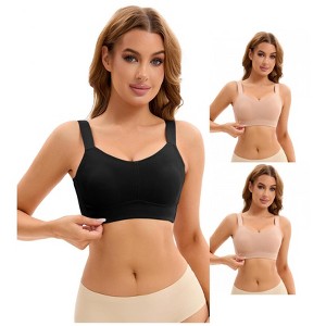 INSPIRE CHIC 3 Pcs Women's Push Up V Neck Full Coverage Wirefree Adjustable Straps Minimizer Bras 2 Beige 1 Black X-Large - 1 of 4