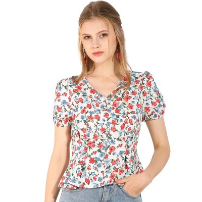 INSPIRE CHIC Women's Floral Print Blouse V Neck Ruffle Hem Tops