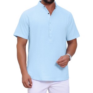 INSPIRE CHIC Men's Casual Henley Band Collar Short Sleeve Summer Linen Shirts - 1 of 4