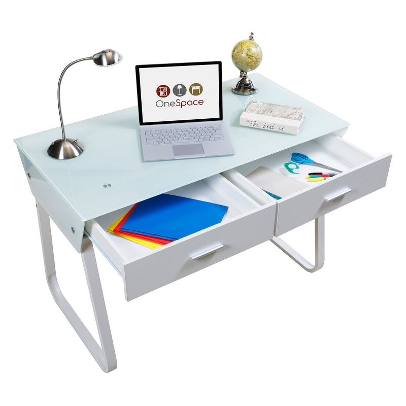 Ultramodern Glass Computer Desk with Drawers Steel Frame White - OneSpace, 5 of 8