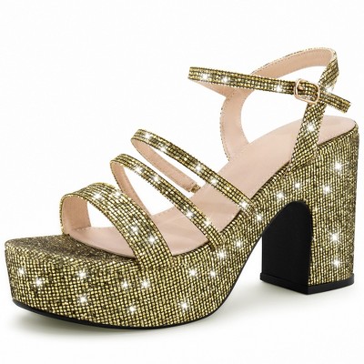 BLISSFUL STEP Women's Glitter Chunky Heel Open Toe Slingback Sandals