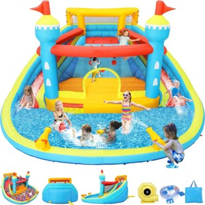 HOMDOX 14.1 × 13.8 × 7.5 FT Inflatable Mega Water Slide Park Bounce House w/2 Slides Climbing Wall 2 Water Cannon Splash Pool 520W Blower In/Outdoor - 1 of 4