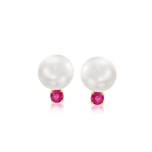 Ross-Simons 8-8.5mm Cultured Pearl and .30 ct. t.w. Ruby Earrings in 14kt Yellow Gold - 1 of 4