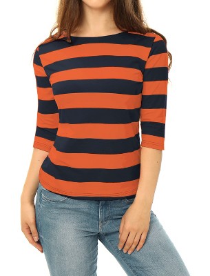 INSPIRE CHIC Women's Stripes Casual Basic Elbow Sleeves Boat Neck Slim Fit T-Shirts
