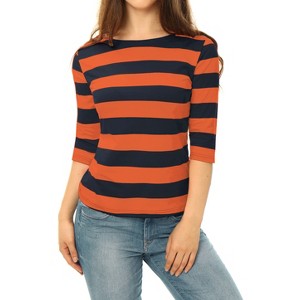 INSPIRE CHIC Women's Stripes Casual Basic Elbow Sleeves Boat Neck Slim Fit T-Shirts - 1 of 4