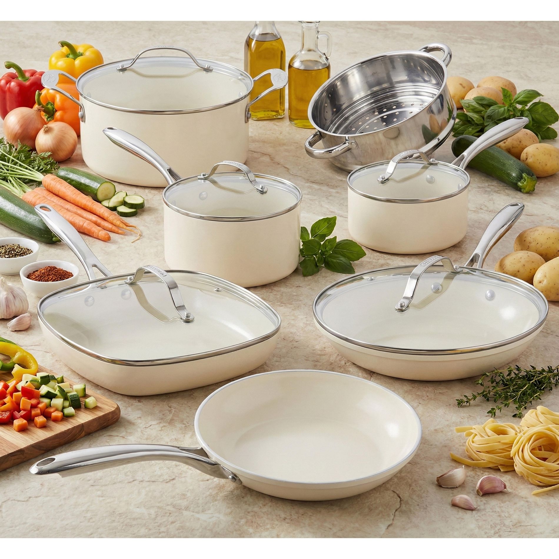 Gotham Steel 12 Piece Ceramic Nonstick Pots and Pans Cookware Set with Lids Steamer Oven Safe