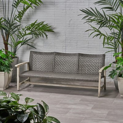 Marcia Light Gray Wood and Black Wicker Three-Seat Outdoor Sofa