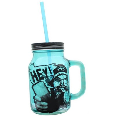 Just Funky Duck Commander Si Hey 16oz Blue Mason Jar Mug w/ Straw