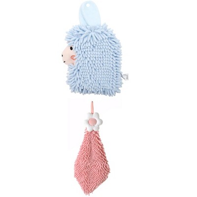 REGALWOVEN Soft Absorbent Flower Pattern and Sheep Pattern Chenille Hand Towel with Loop 6" x 15"/7" x 11" 2 Pcs