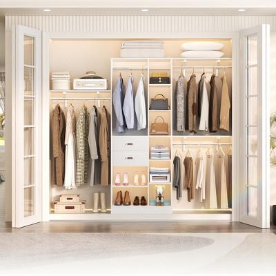 Aheaplus 96'' W Closet Organizer with 13 Shelves, DIY Closet System with Drawers and Hanging Rods