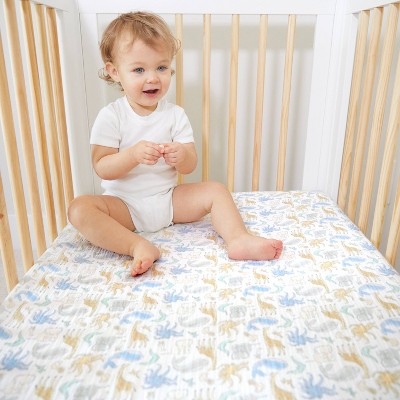Gray Cotton Muslin Crib Sheet with Natural History Print