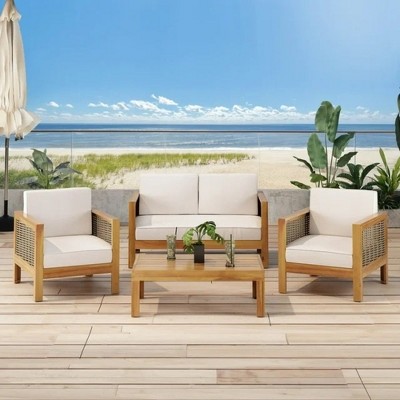 Chic Crate-Teak Outdoor Patio Set - 4-Seater Wicker Chat Sofa with Removable Cushions, Beige & Khaki