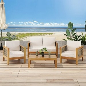 Chic Crate-Teak Outdoor Patio Set - 4-Seater Wicker Chat Sofa with Removable Cushions, Beige & Khaki - 1 of 4