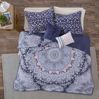 4pc Twin/Twin Extra Long Willow Boho Reversible Coverlet Set - Blue