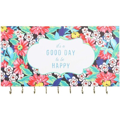 Farmlyn Creek Floral Hanging Jewelry Organizer with Hooks, It's a Good Day to Be Happy (14 x 8 x 1 In)