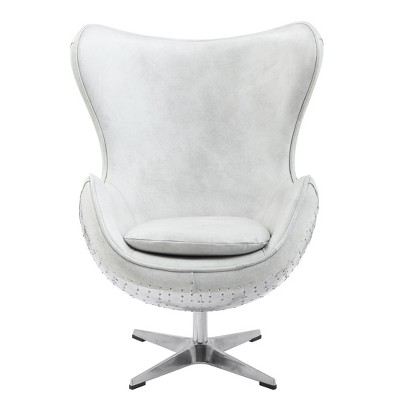 Vintage White Top Grain Leather Swivel Accent Chair with Metal Base