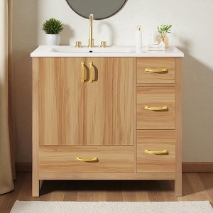 36" Freestanding Bathroom Vanity with Ceramic Sink, Solid Wood and MDF Frame, Soft Close Doors, 4 Drawers, Modern Storage Cabinet - 1 of 4