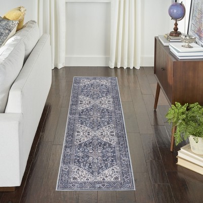 Navy Ivory Floral Cotton Chenille Runner Rug 2' x 6'