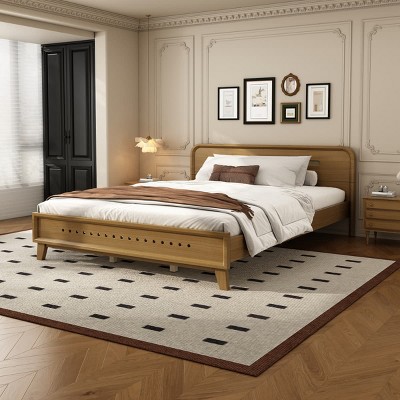 Queen Size Bed Frame, Pine Platform Bed with Rustic Brown Finish, Slatted Base, Modern Farmhouse Design, No Box Spring Needed-The Pop Home