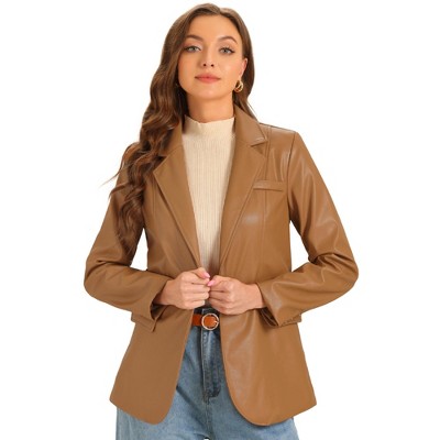 Allegra K Women's Faux Leather Long Sleeve Lapel Collar PU Moto Biker Jacket
