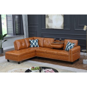 Faux Leather L-Shaped 2-Piece Sectional Sofa with Storage Ottoman, Cup Holders, and Toss Pillows - 1 of 4