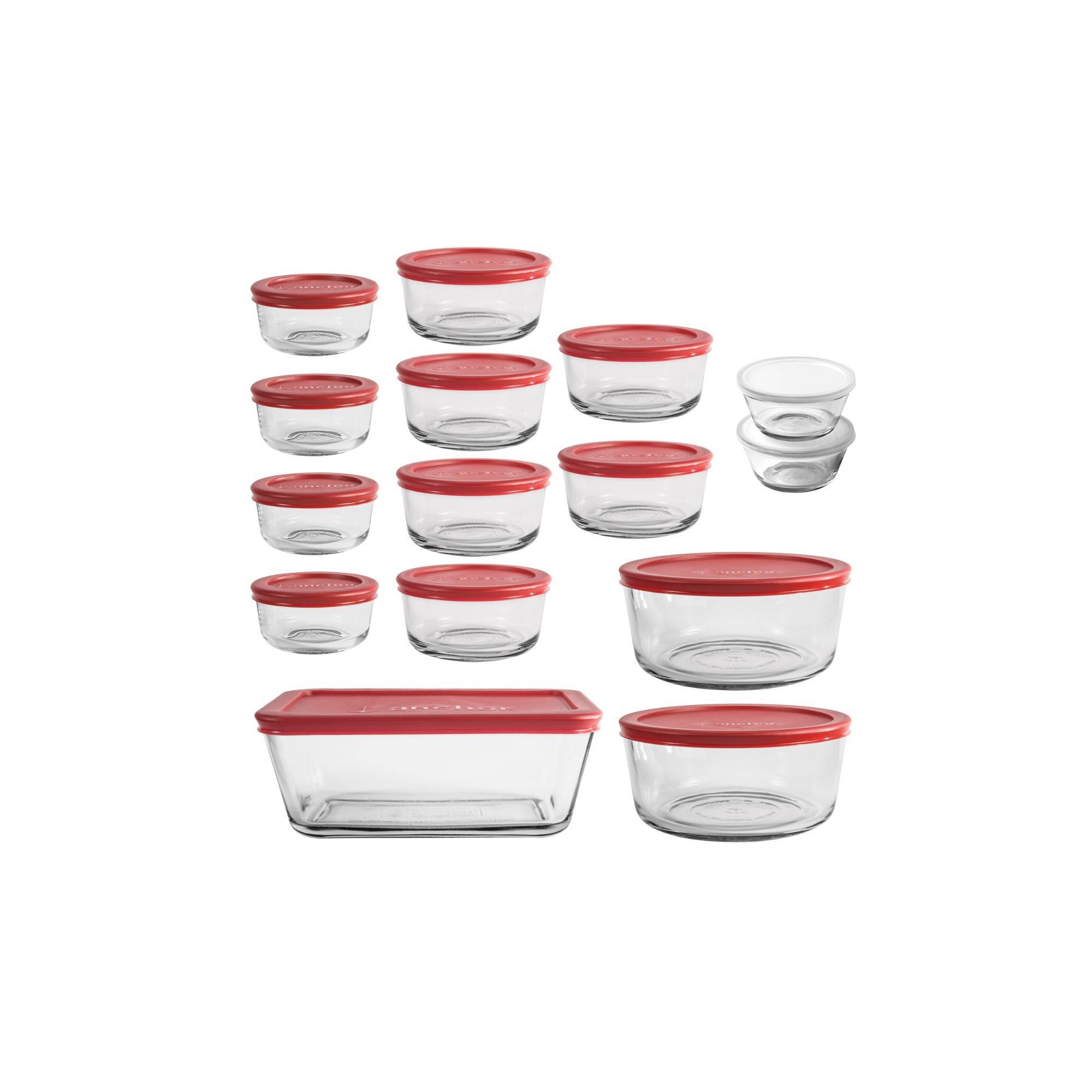 Anchor Hocking 30pc Glass Food Storage Set with Cherry Lids: Tempered Glass Containers & Bowls, Dishwasher-Safe
