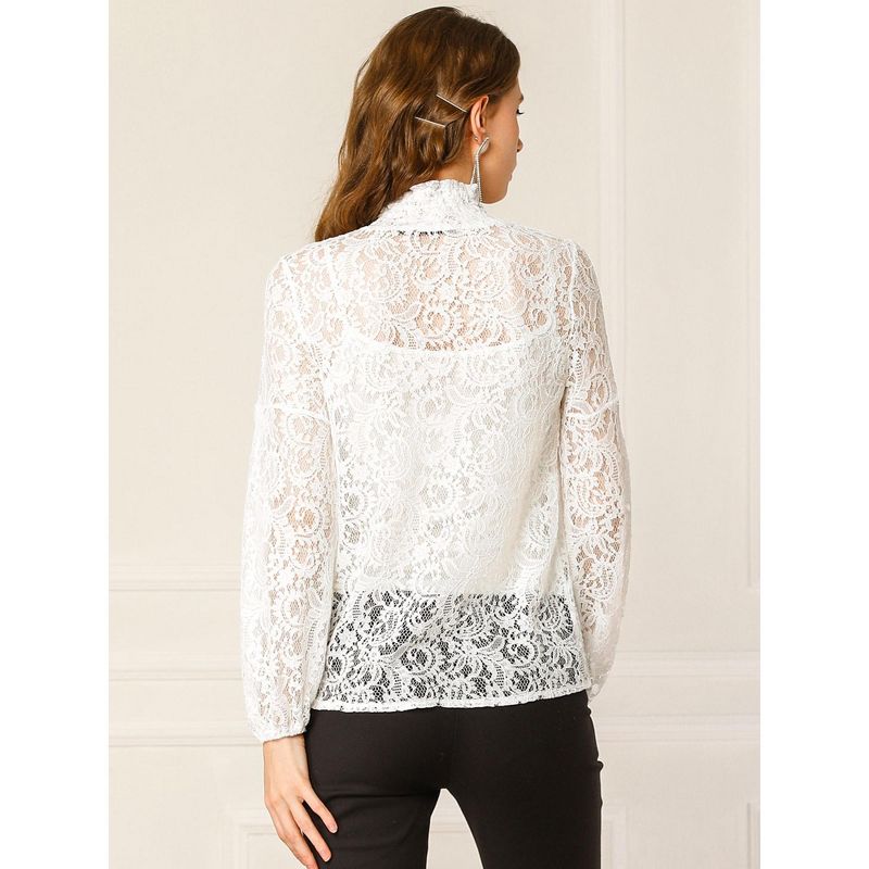 Allegra K Women's See Through Mock Neck Long Sleeve Floral Lace Blouse, 6 of 8