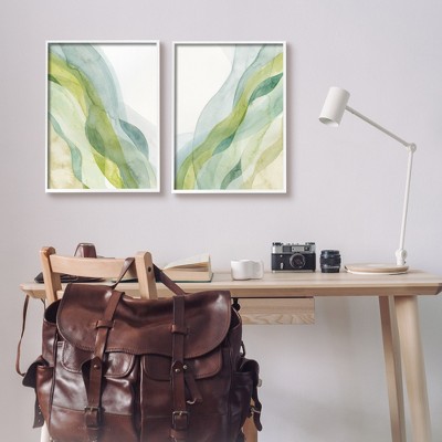 Abstract Green Waves 16x20 White Framed Canvas Print Set