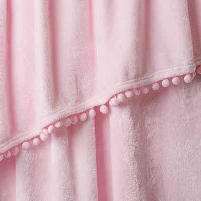 Light Pink Fleece Throw Blanket with Pom Pom Fringe