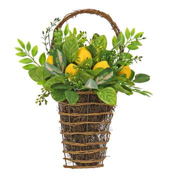 21" Artificial Leafy Greens and Lemons Wall Basket - National Tree Company