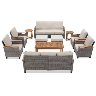 Buenhomino 11-Piece Outdoor Patio Set – 4 Single Chairs, 2 Sofas, 2 Side Tables, 2 Ottomans & Coffee Table, Wicker with Cushions, Beige