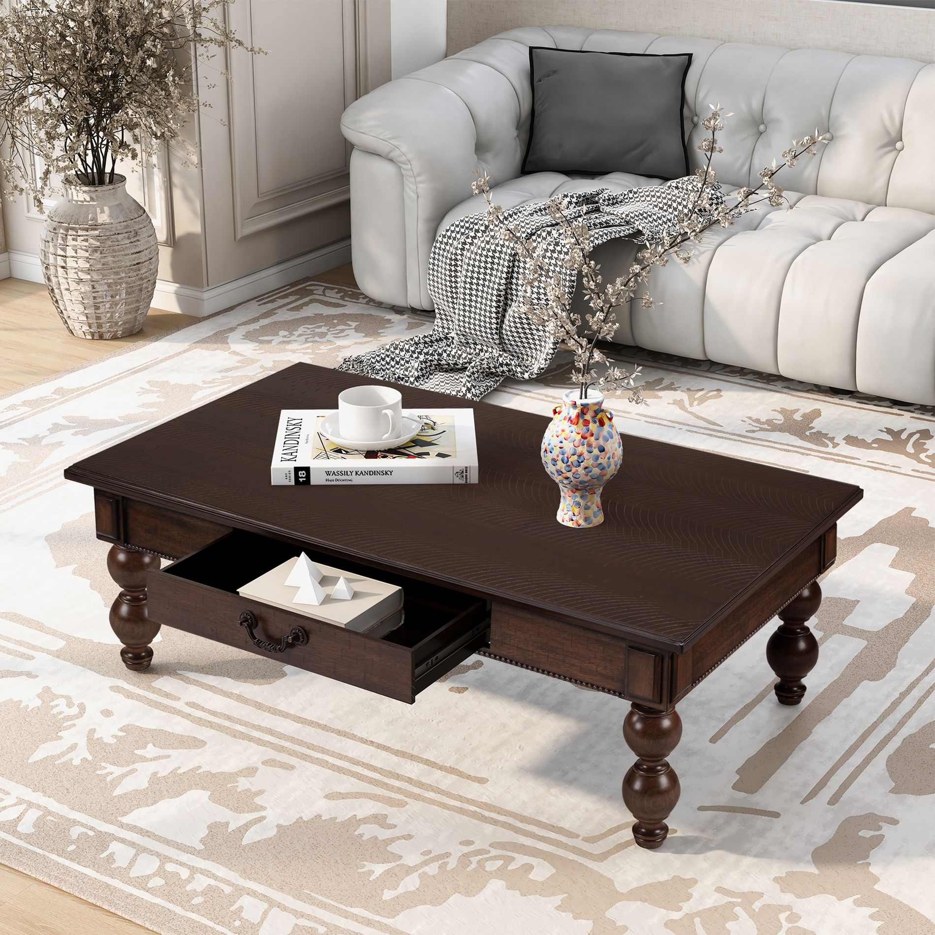 ORRD Vintage Wooden Coffee Table with Storage Drawer - No-Tools Assembly Farmhouse Cocktail Table for Living Room