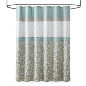 Vynxaria Printed & Embroidered Shower Curtain, 72x72 Inches, Soft Microfiber with Lining, 12 Button Holes, Machine Washable - 1 of 4