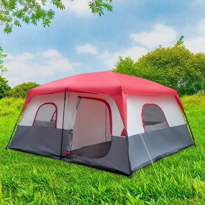 FURNIinspire Camping Tents Large Family Tent For Outdoors, Hiking, Picnic, Beach, Red And White Sun Shelter Tent, Multicolored, 169.2"*169.2"*82.6"