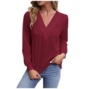 Women's V-Neck Long Sleeve Top, Stylish Design Casual Pullover for Office & Daily Wear - 1 of 4