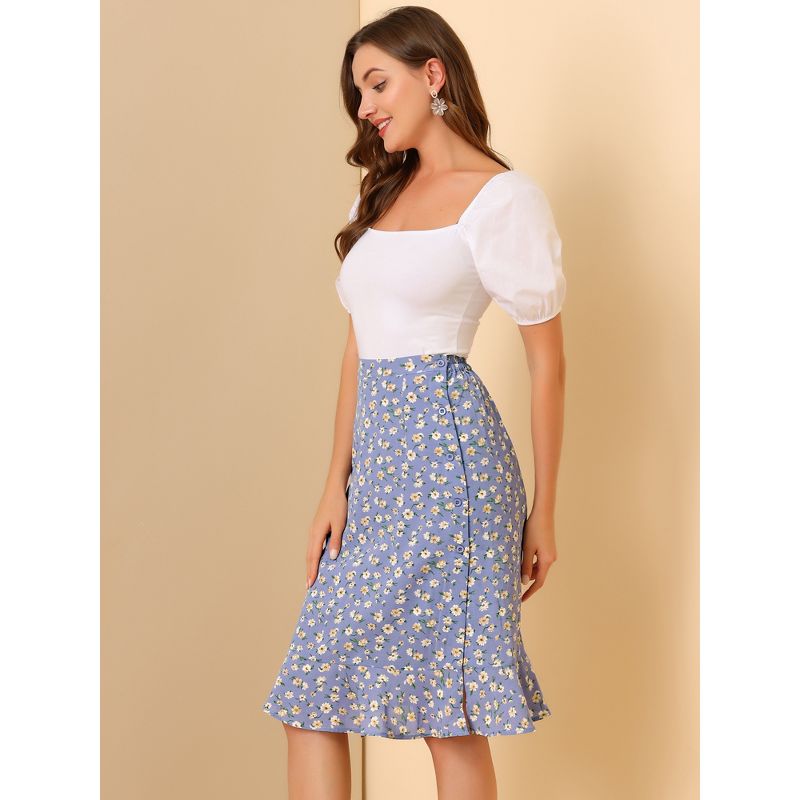 Allegra K Women's Floral Ruffle Elastic High Waist Button Flowy Split Midi Skirt, 4 of 7