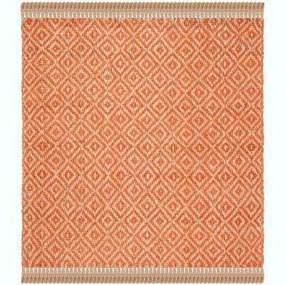 Ivory and Orange Hand-Knotted Jute 6' Square Area Rug