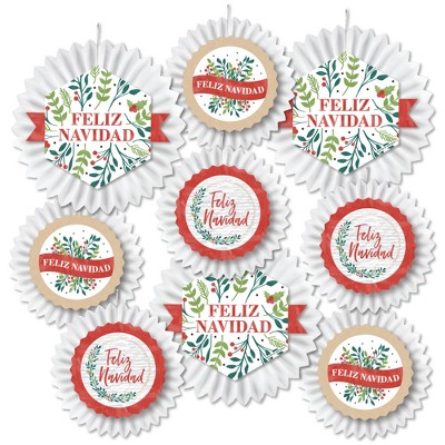 Big Dot of Happiness Feliz Navidad - Hanging Holiday and Spanish Christmas Party Tissue Decoration Kit - Paper Fans - Set of 9