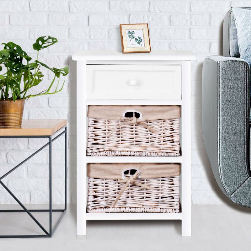 Costway White Night Stand 3 Tiers 1 Drawer Bedside End Table Organizer Wood W/2 Baskets, 1 of 11