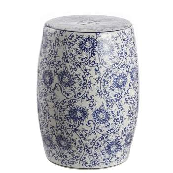 JONATHAN Y  Lotus Blossom 17.5" Chinoiserie Ceramic Drum Garden Stool, Blue/White