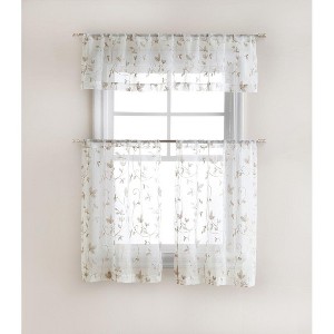 Kate Aurora Floral Embroidered Sheer Rod Pocket Cafe Kitchen Curtain Tier & Valance Set - 1 of 3