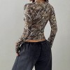 Women's Camo Print Long Sleeve Crop Top Slim Fit Crew Neck Ribbed Stretchy Tee for Casual Streetwear & Workout - 3 of 4