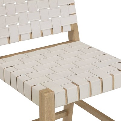 Set of 4 White Woven Faux Leather Bar Stools with Solid Wood Legs